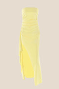 Strapless Yellow Pleated Long Dress with Slit