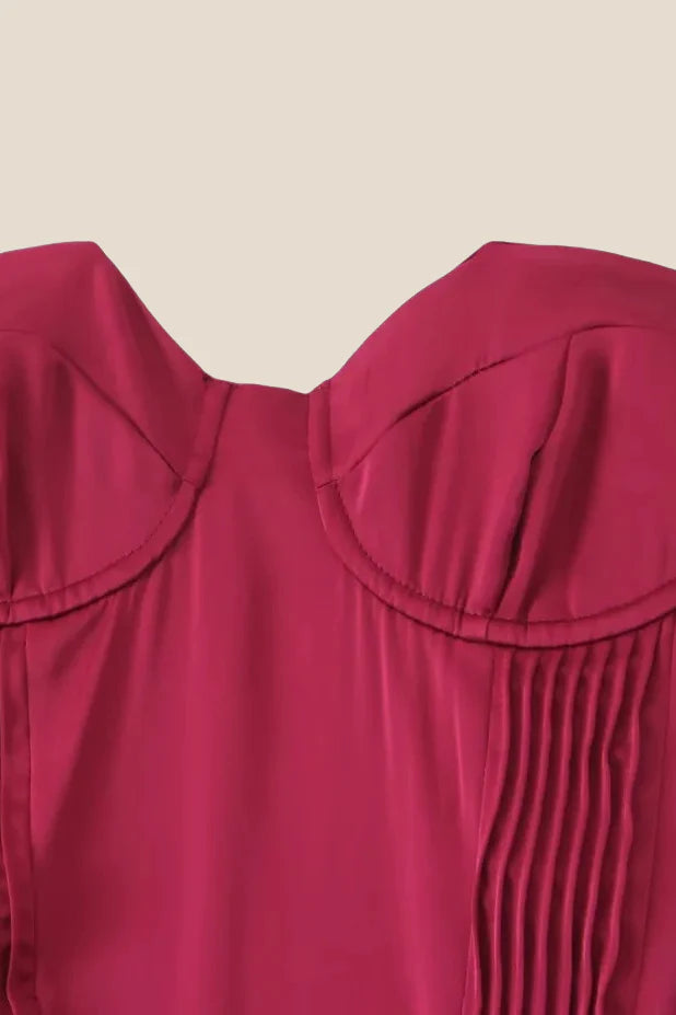 Strapless Burgundy Pleated A-line Midi Dress