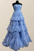 Strapless Periwinkle Tulle Tiered Formal Dress