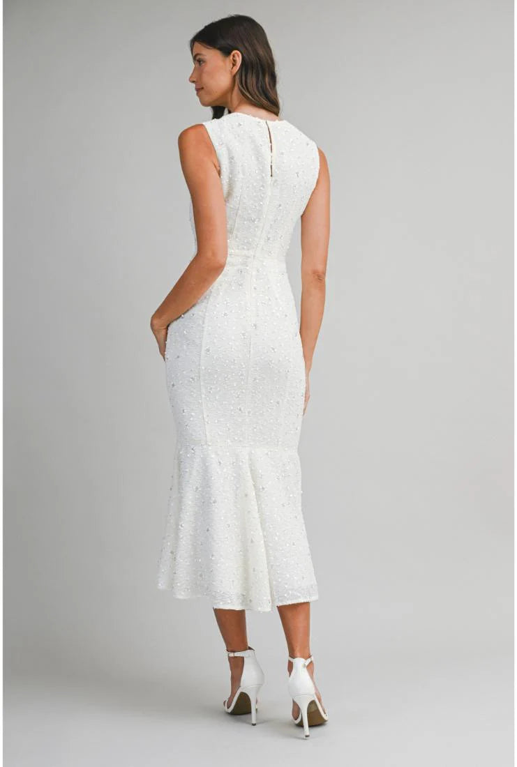 Whitney Beaded Sequin Mermaid Hem Midi Dress - White