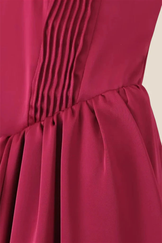 Strapless Burgundy Pleated A-line Midi Dress