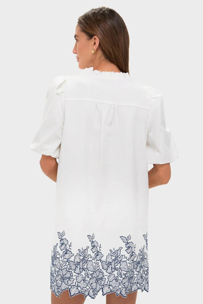White & Navy Embroidery Mimi Mini Dress