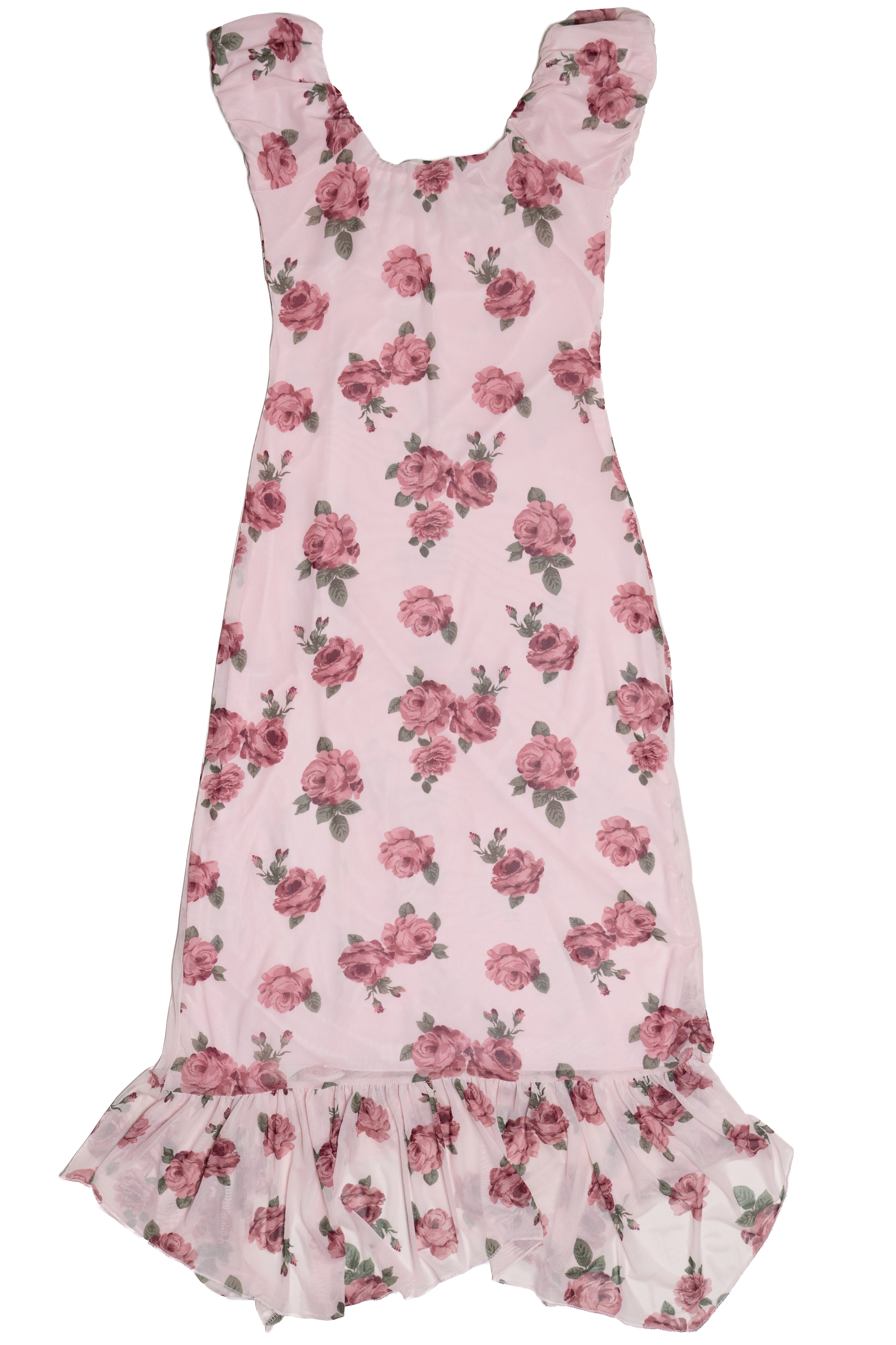 Mesh Puff Sleeve Hanky Hem Maxi Dress