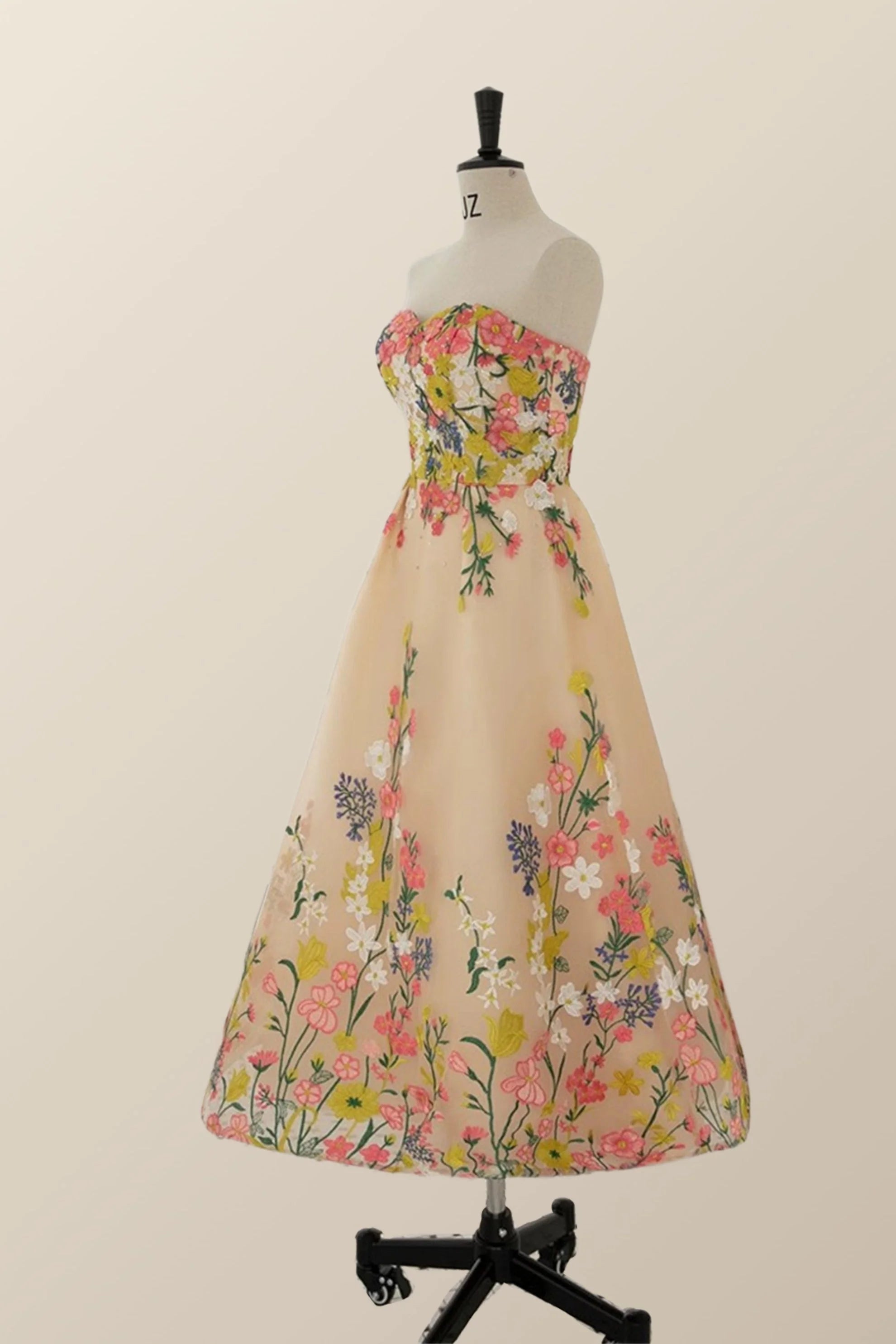 Strapless Champagne Floral A-line Tea Length Dress