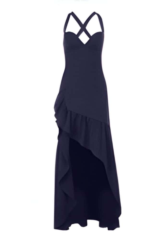 V-neck Wine Red Ruffle Long Party Dress