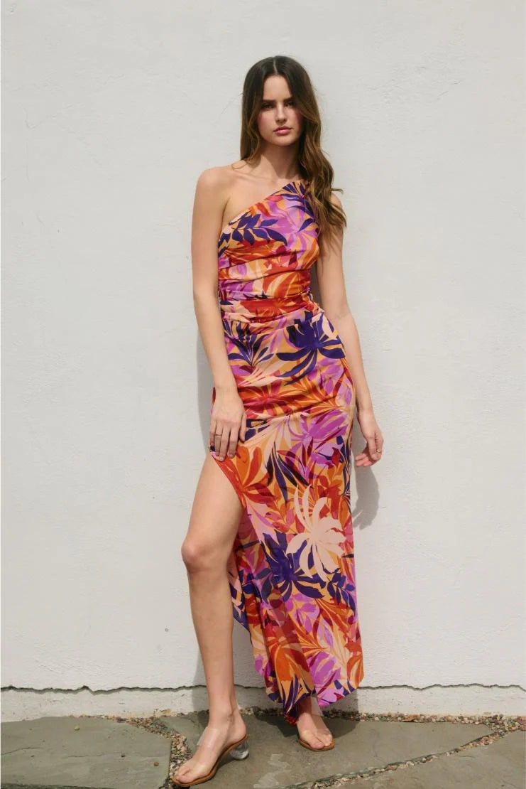 Kailani Palm Print Satin Maxi Dress