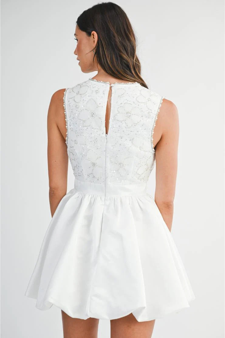 Isabelle Embellished Floral Appliques Bubble Mini Dress - White