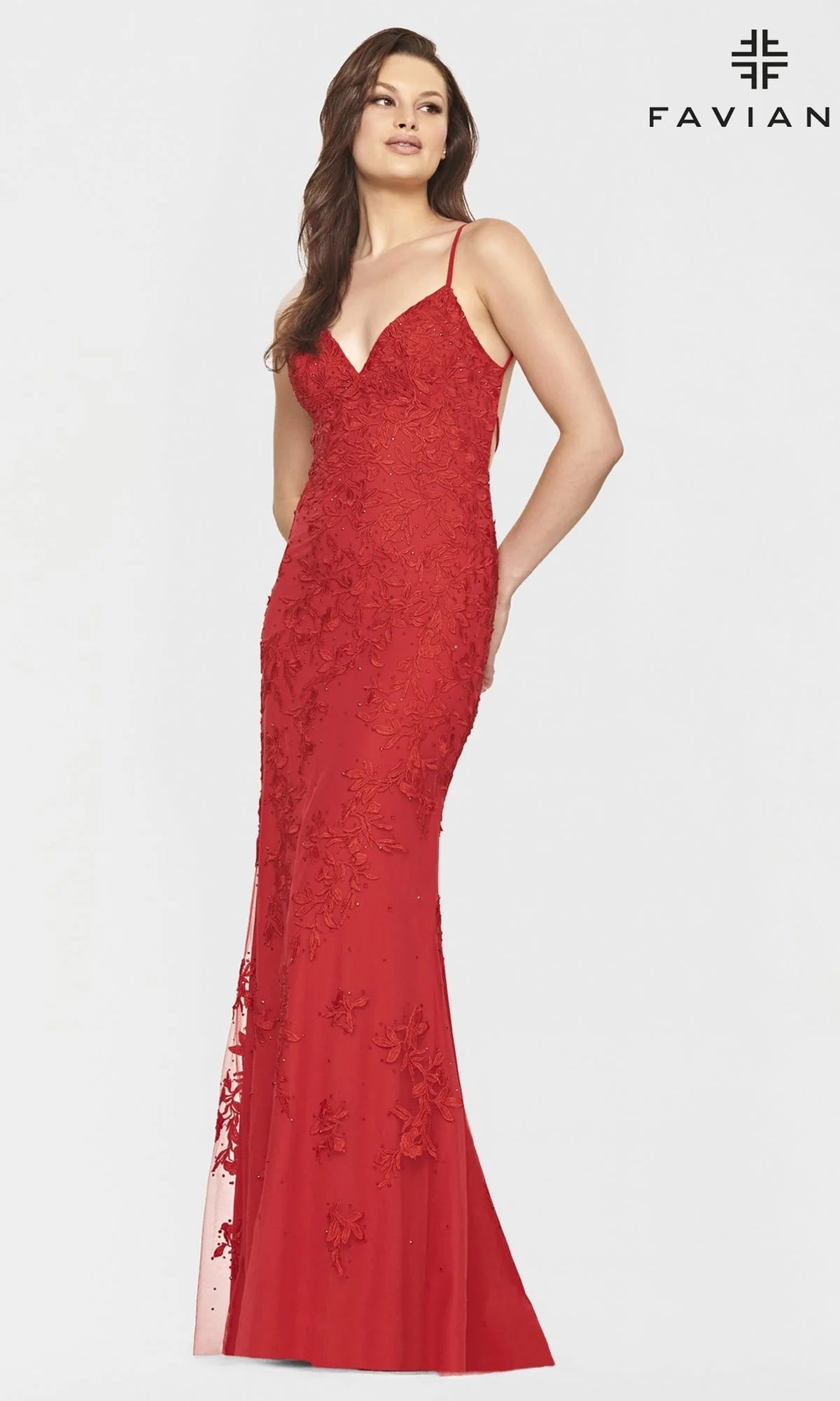 Faviana Backless Embroidered-Lace Long Prom Dress