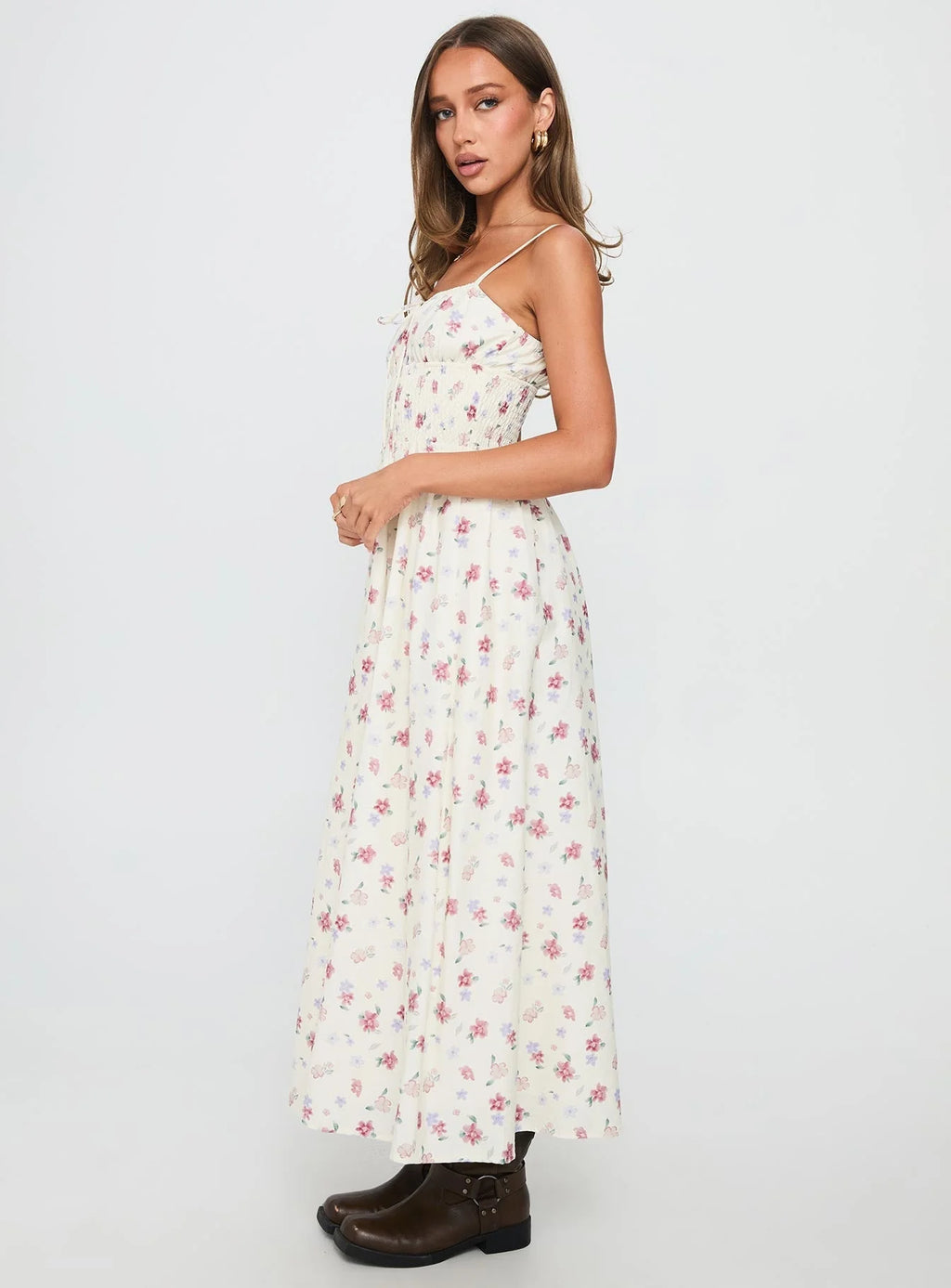 Pearle Shirred Maxi Dress White Floral