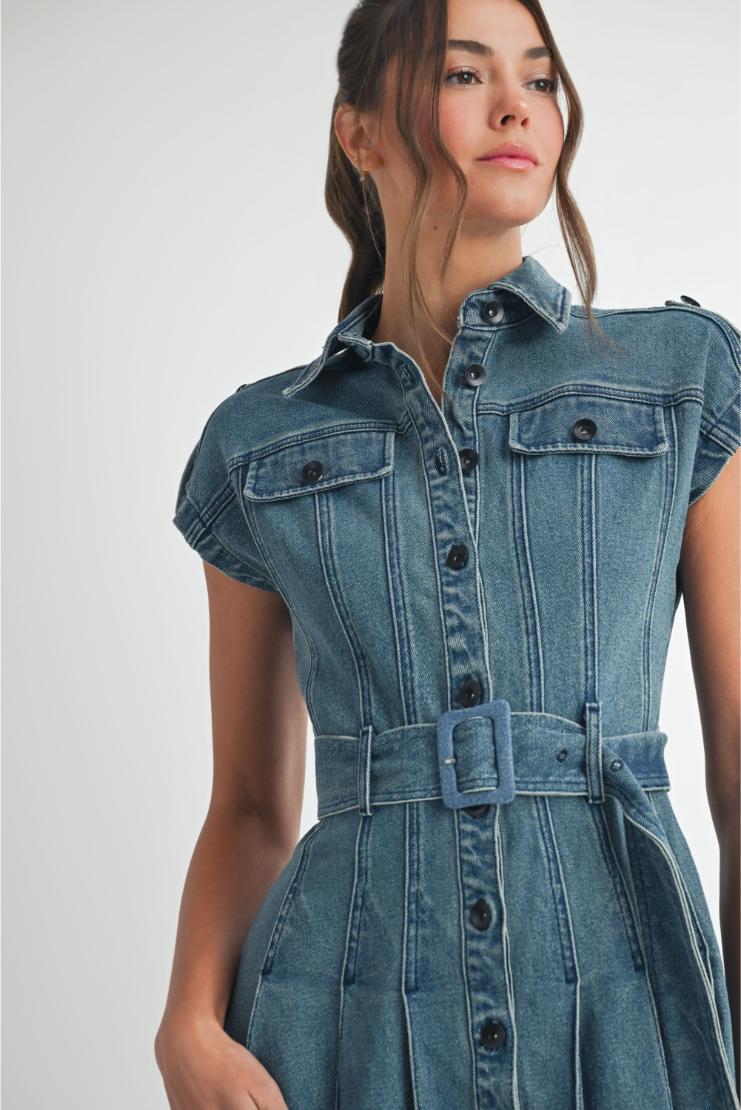 Dana Button Up Belted Denim Midi Dress