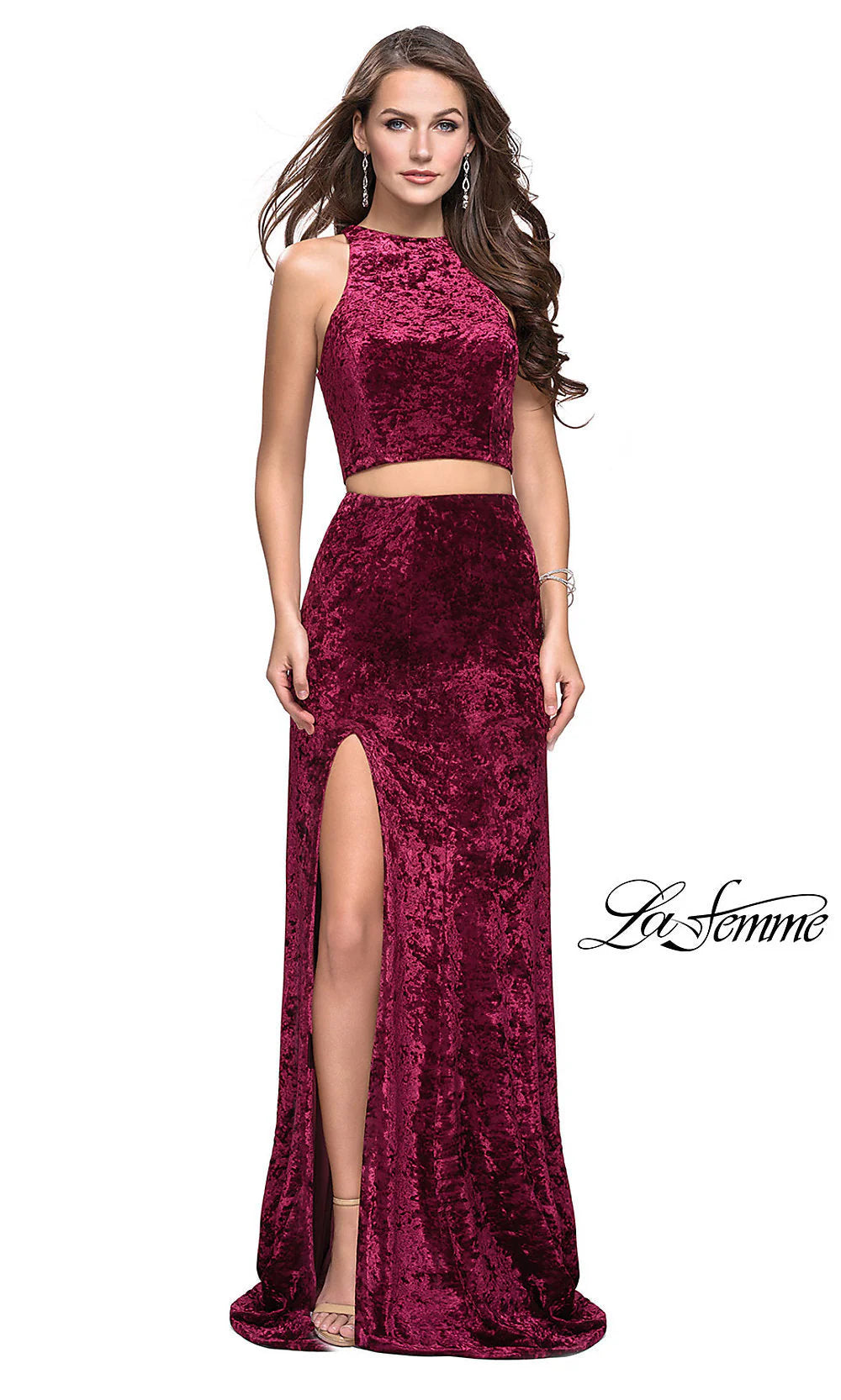 Long Two-Piece Velvet La Femme Prom Dress