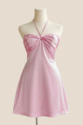 Halter Pink Back Tie A-line Short Dress