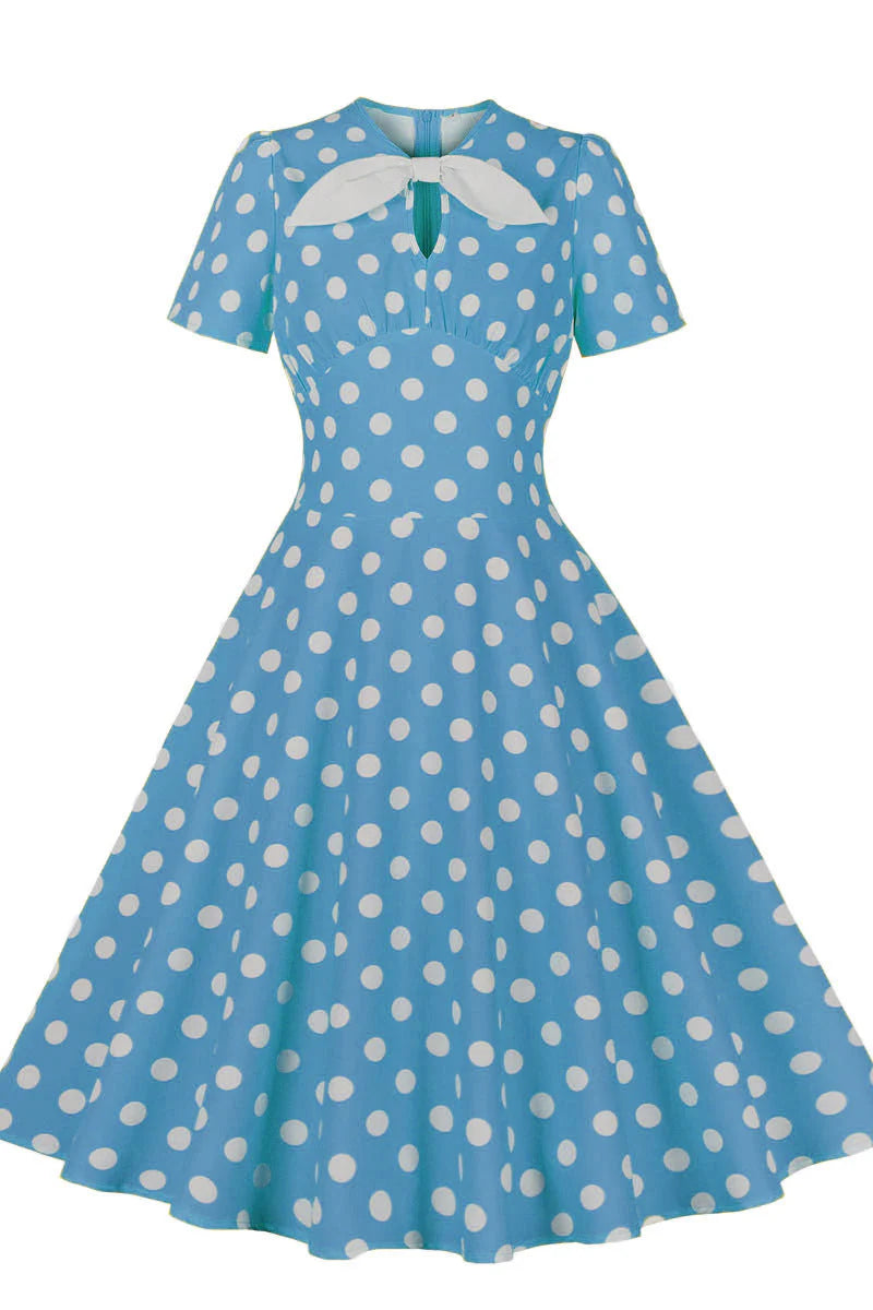 Yellow and White Polk Dots Bow Swing Dress