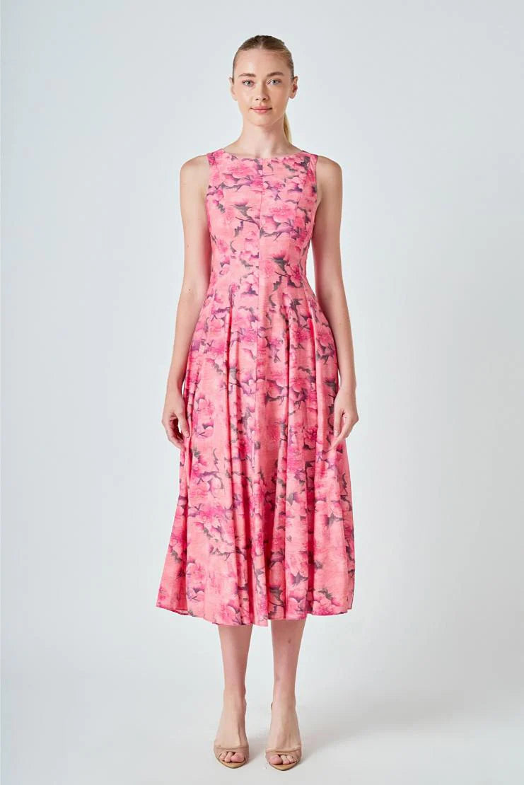 Sheena Florals Sleevless Linen Midi Dress - Pink
