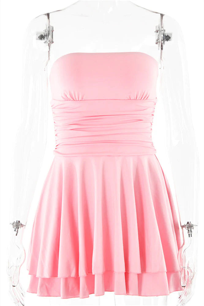 Strapless Pink Ruffle Ruched Short Dress