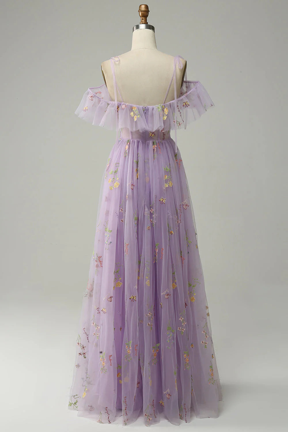 Lavender Floral Ruffles Tulle A-line Long Prom Dress