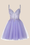 Lavender Straps Appliques A-line Short Dress