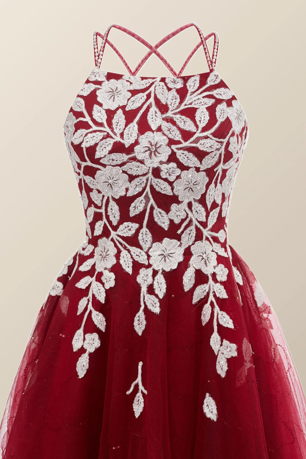 Wine Red Tulle and White Appliques A-line Dress