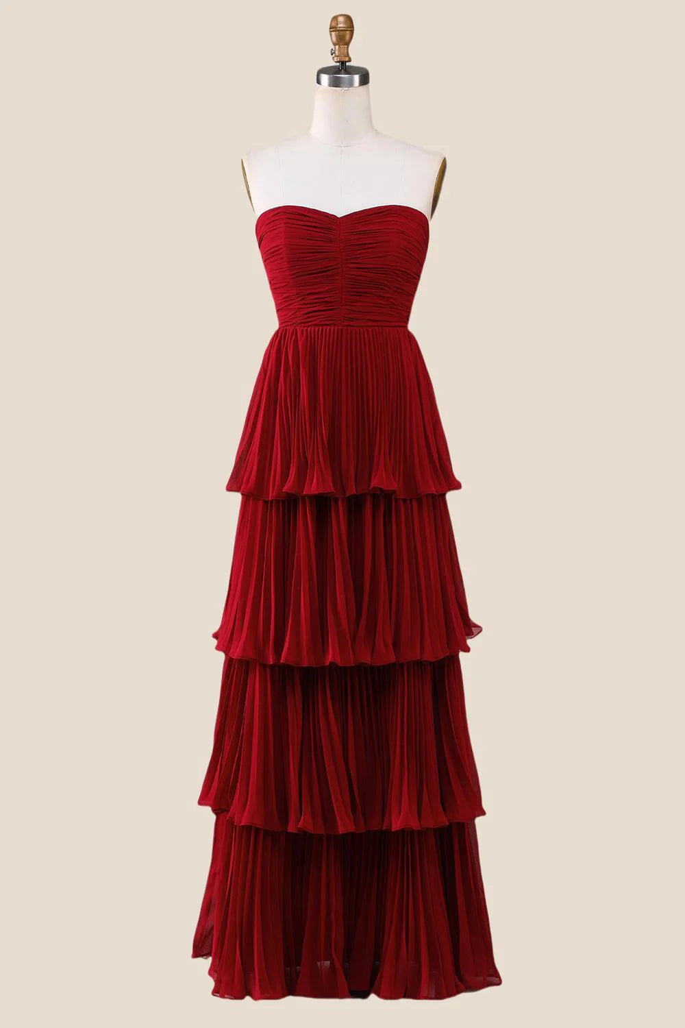 Strapless Pink Pleated Tiered Long Party Dress