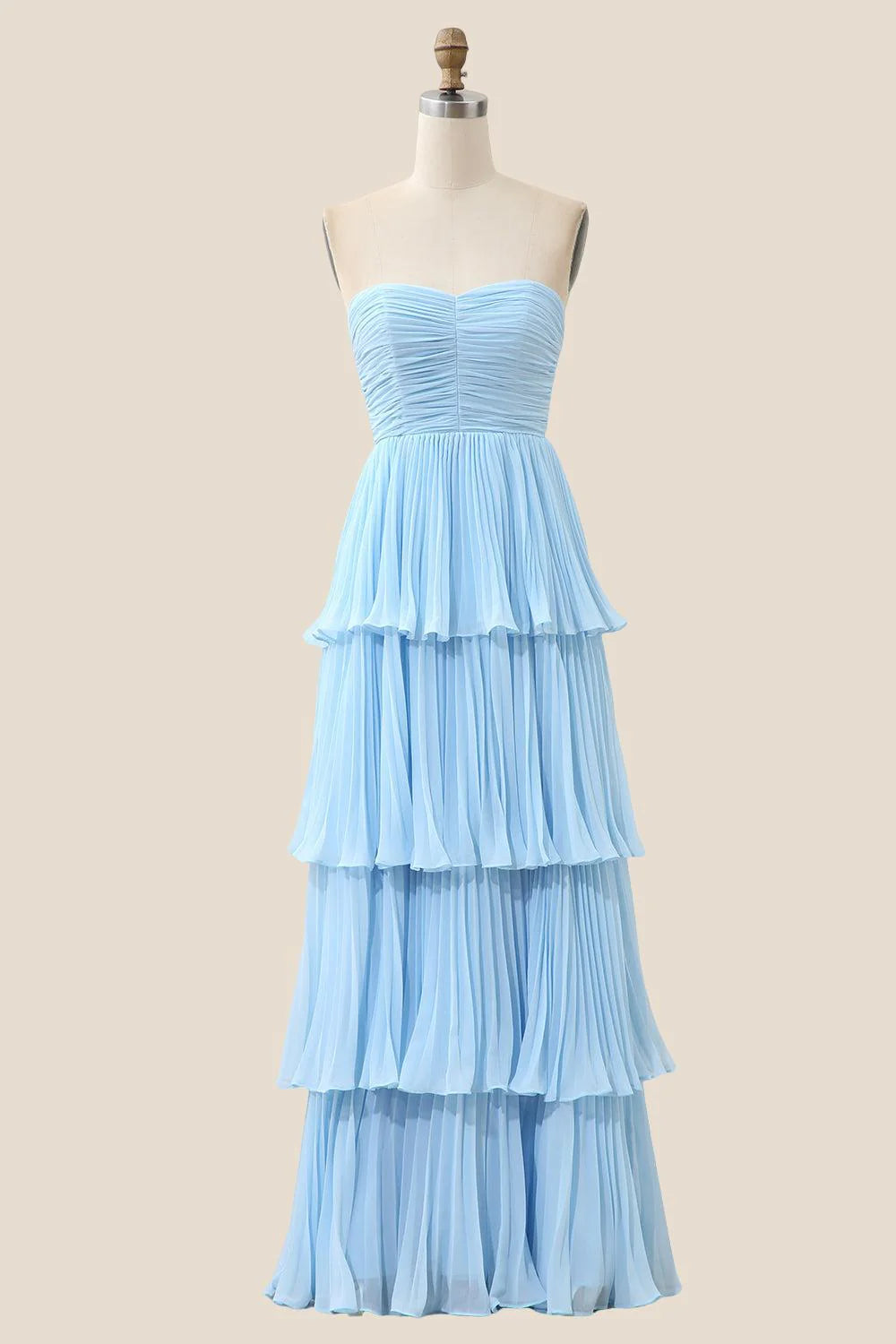 Strapless Light Blue Pleated Tiered Long Party Dress
