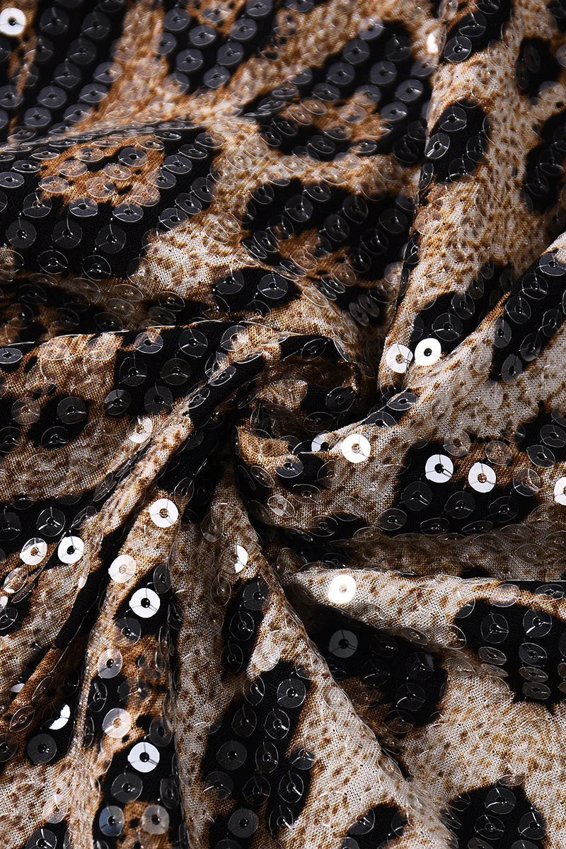 Leopard Sequin Cowl Neck Fitted Long Dress
