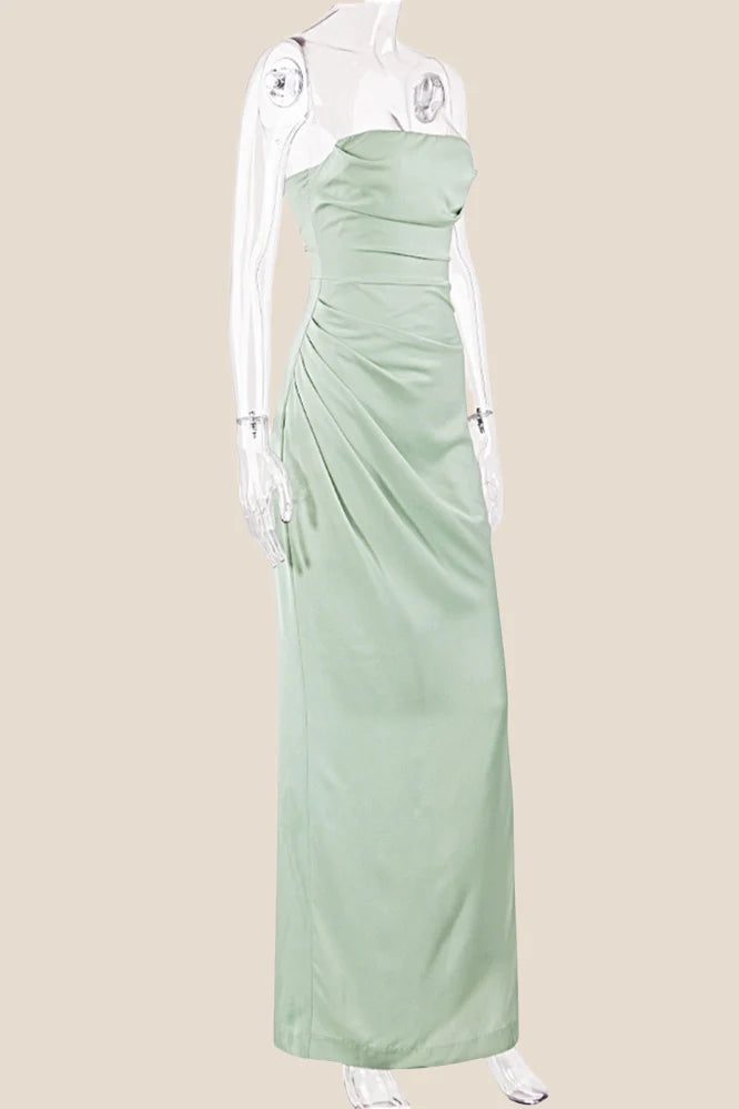 Strapless Red Ruched Long Dress with Slit