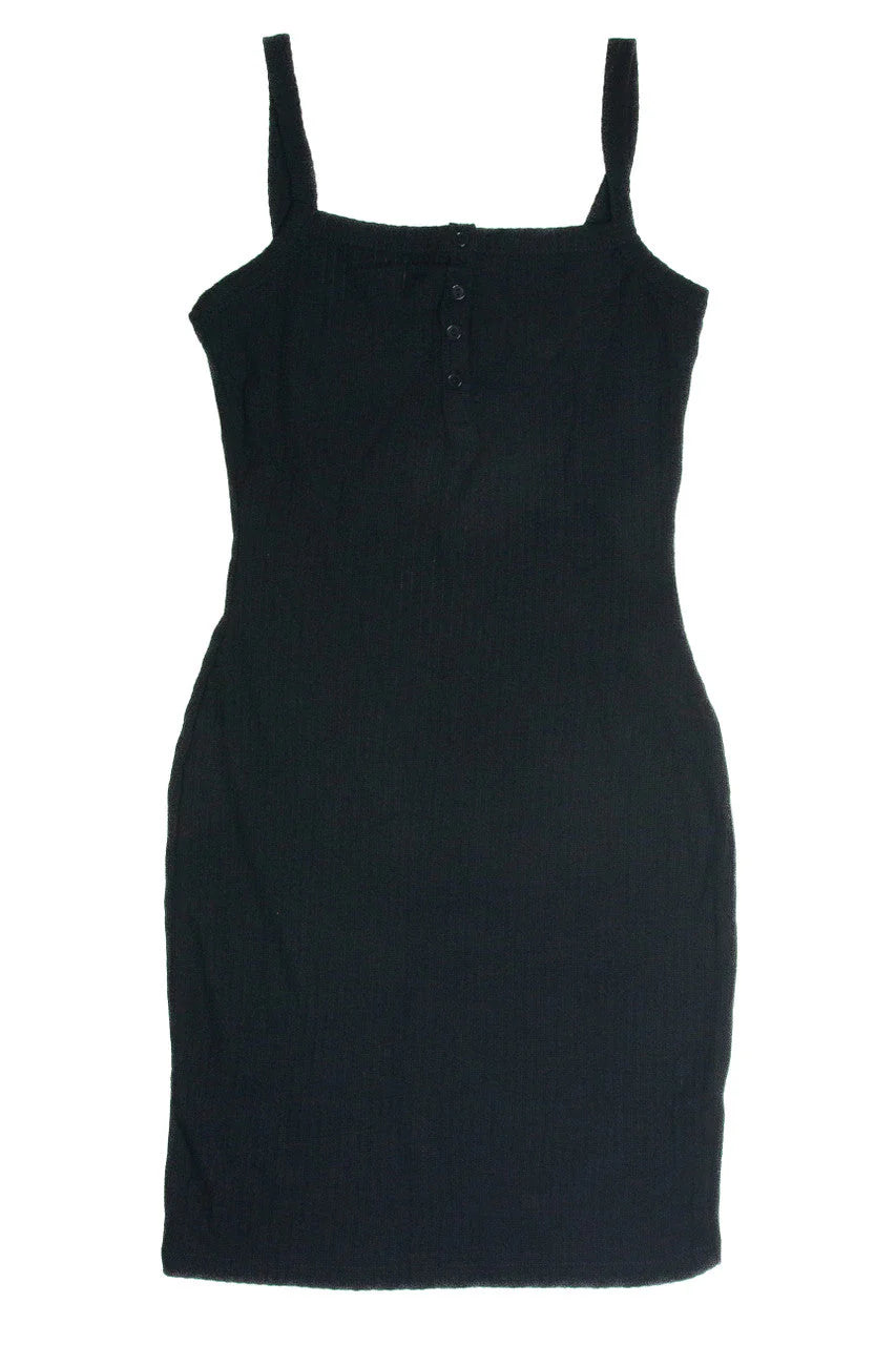 Black Bubble Rib Henley Mini Dress
