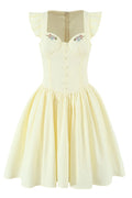 Yellow Cap Sleeve Flower Embroidery Ruched Dress