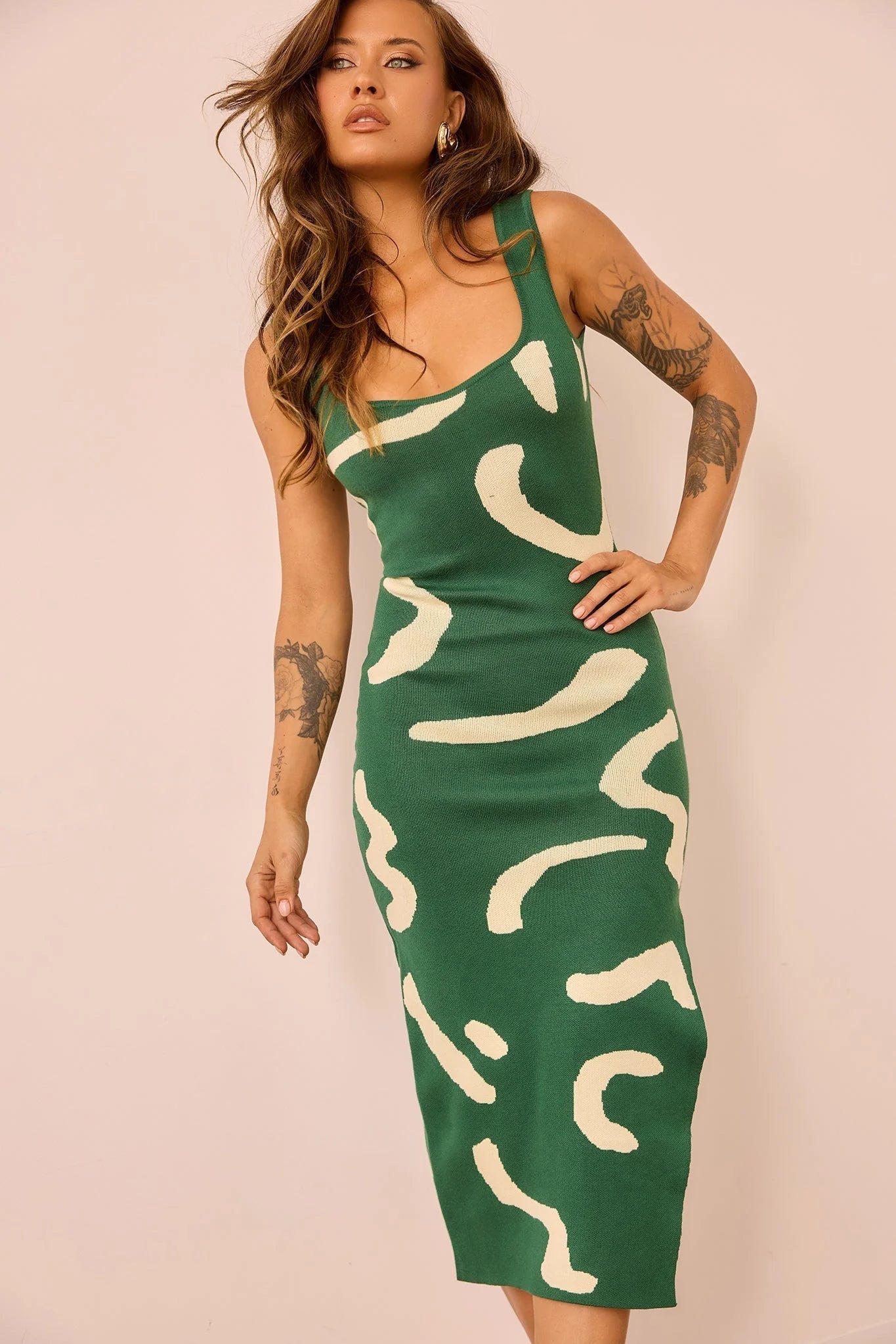 Attached Knit Midi Dress - Forest Green
