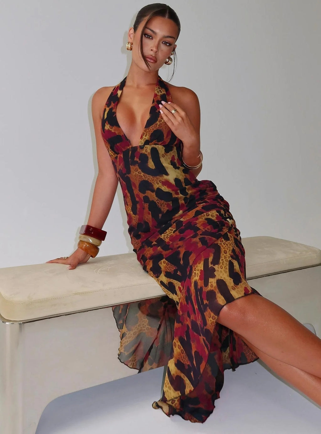 Katriona Halter Asymmetrical Maxi Dress Leopard Multi