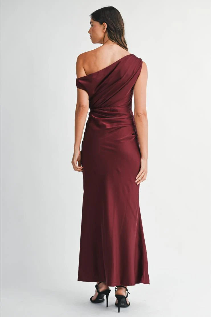 Stella Satin Draped On Shoulder Maxi Dress