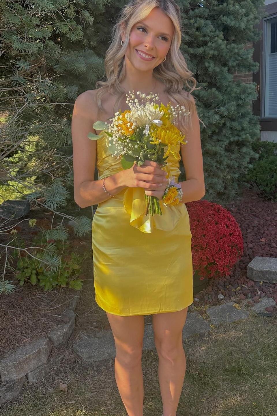 Strapless Yellow Tie Front A-line Short Dress