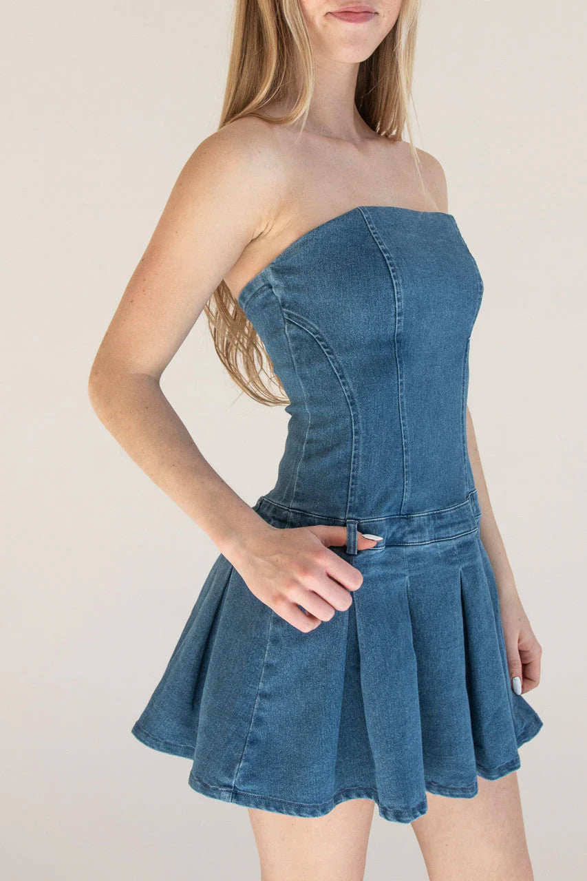 Strapless Denim Pleated Mini Dress