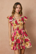 Lolita Ruffled Floral Mini Dress - Fuchsia