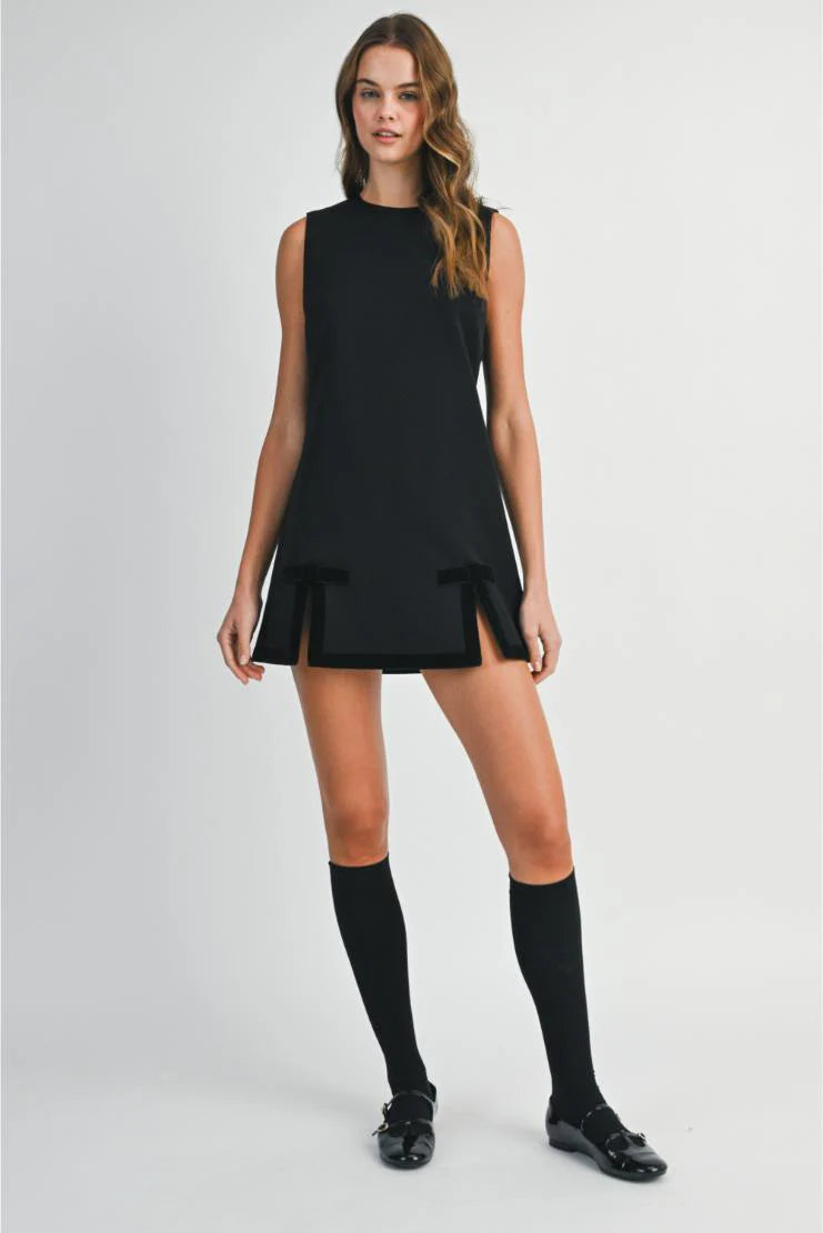 Viola Solid Velvet Bow Shift Dress - Black