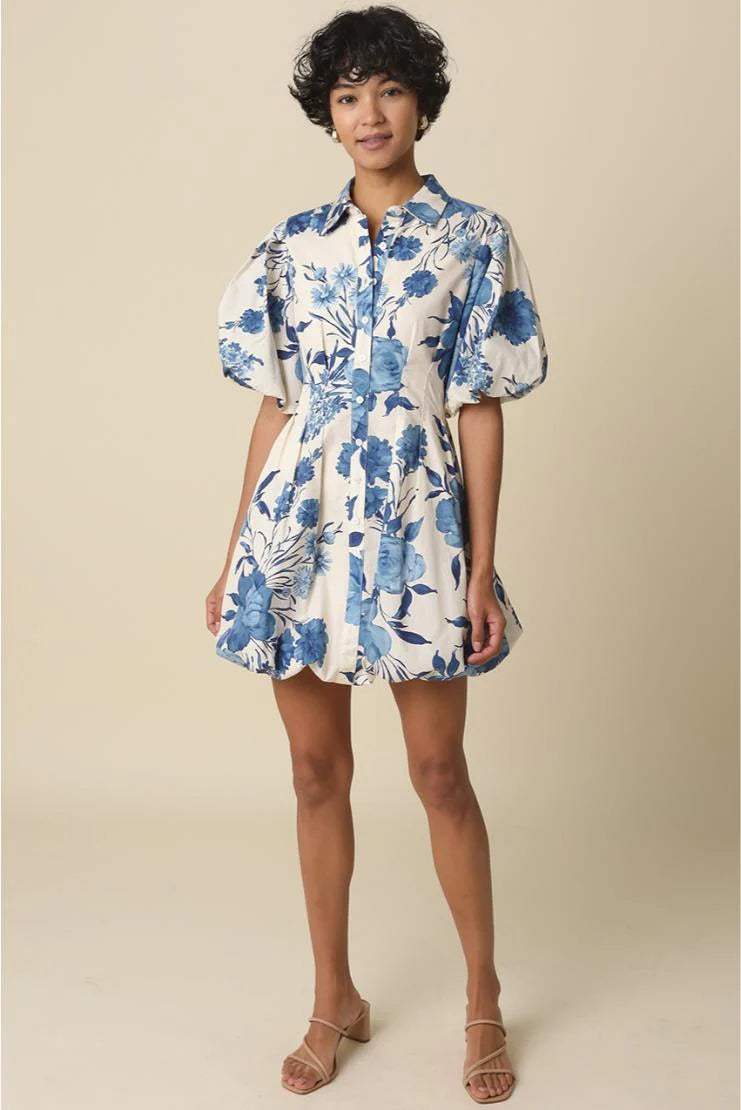Bonnie Florals Collared Button Up Puff Sleeve Mini Dress - Royal Blue