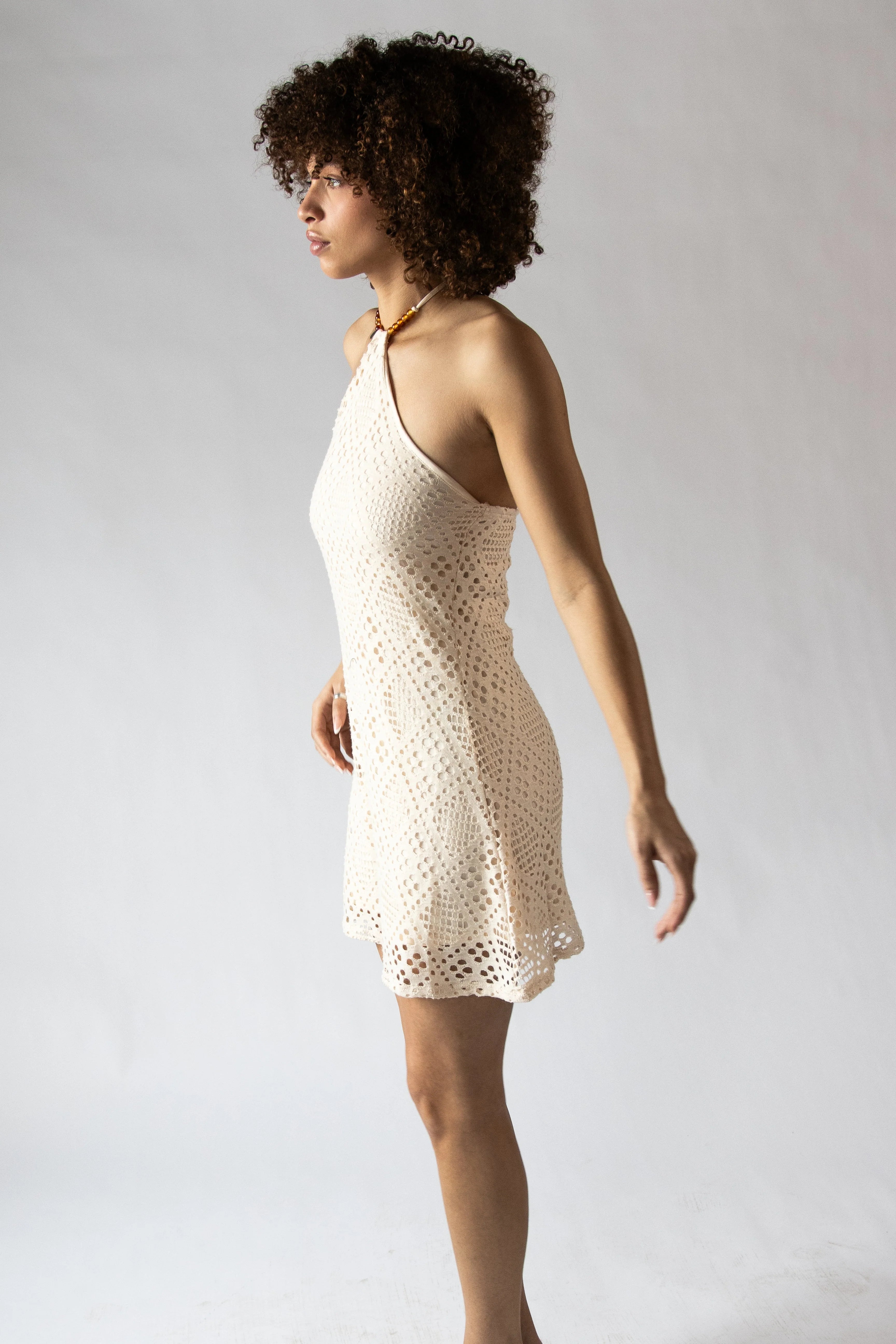 Diamond Pointelle Beaded Halter Mini Dress