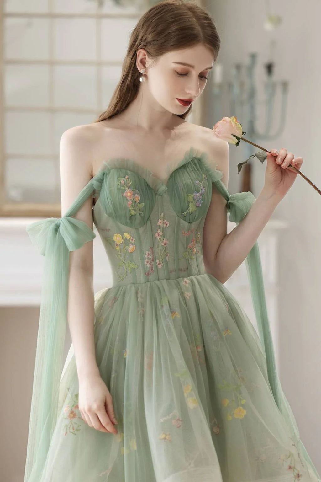 High Low Green Floral Tulle Party Dress