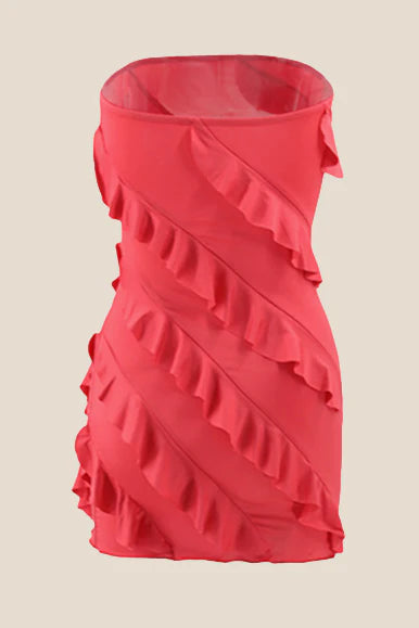 Strapless Pink Ruffled Bodycon Short Dress